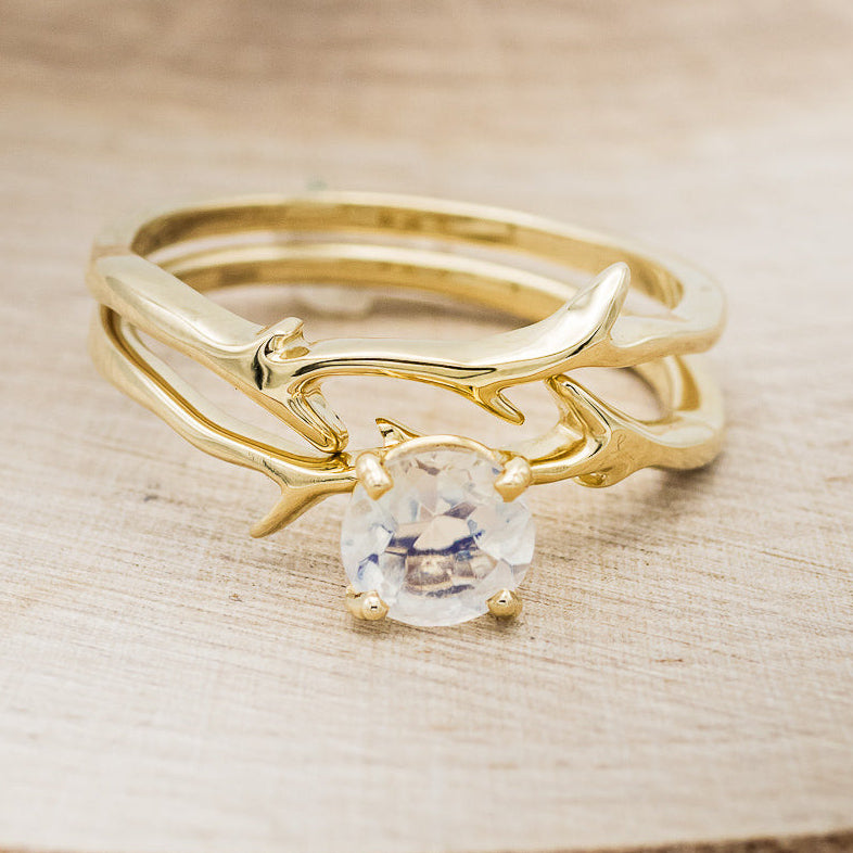 "ARTEMIS" - ROUND MOONSTONE ENGAGEMENT RING WITH AN ANTLER-STACKING BAND-2