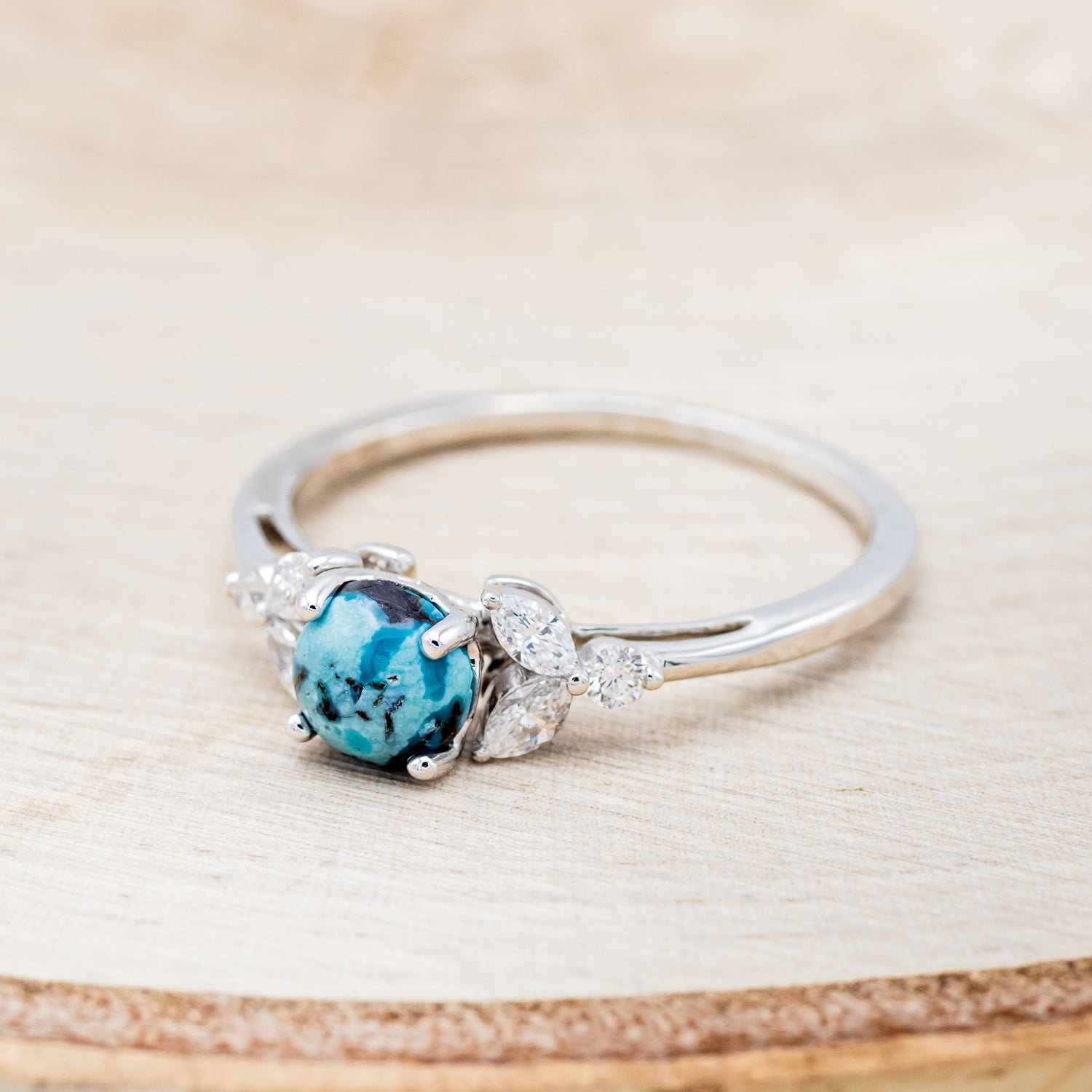 "BLOSSOM" - ROUND CUT TURQUOISE ENGAGEMENT RING WITH LEAF-SHAPED DIAMOND ACCENTS-3