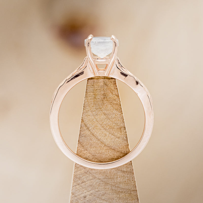 "HOPE" - ROUND CUT MOONSTONE SOLITAIRE ENGAGEMENT RING WITH FEATHER ACCENTS