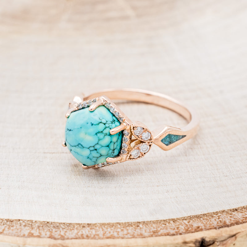 Shown here is "Lucy in the Sky", a halo-style hexagon turquoise women's engagement ring with diamond accents and turquoise inlays, facing left. Many other center stone options are available upon request.