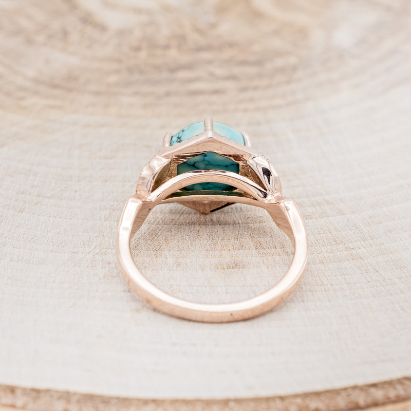 Shown here is "Lucy in the Sky", a halo-style hexagon turquoise women's engagement ring with diamond accents and turquoise inlays, back view. Many other center stone options are available upon request.