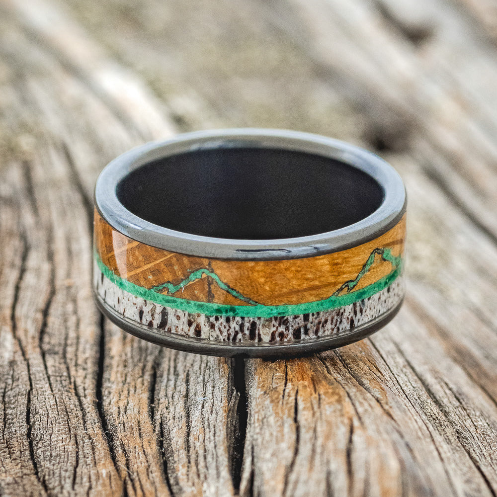"THE EXPEDITION" - MOUNTAIN ENGRAVED WEDDING RING WITH WHISKEY BARREL OAK, MALACHITE & ANTLER-3