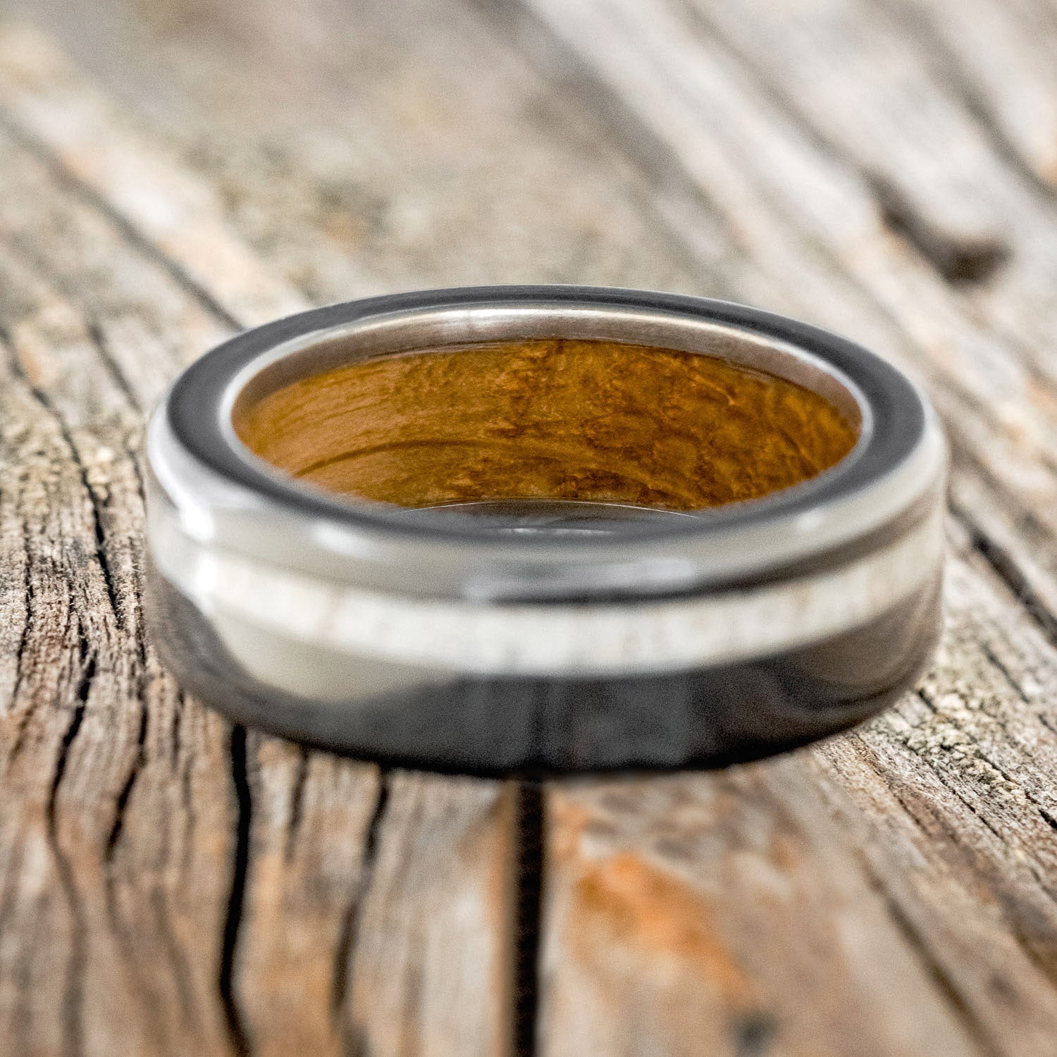 "VERTIGO" - ANTLER WEDDING RING WITH A WHISKEY BARREL LINING - READY TO SHIP-6