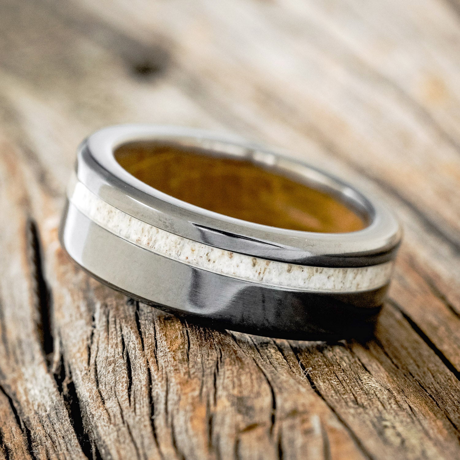 "VERTIGO" - ANTLER WEDDING RING WITH A WHISKEY BARREL LINING - READY TO SHIP-3