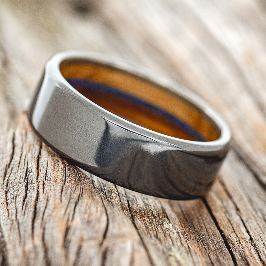 "ARGOS" - IRONWOOD, WHISKEY BARREL OAK & LAPIS LAZULI LINED WEDDING BAND - READY TO SHIP-3