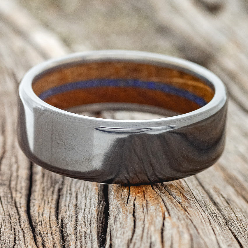 "ARGOS" - IRONWOOD, WHISKEY BARREL OAK & LAPIS LAZULI LINED WEDDING BAND - READY TO SHIP-5