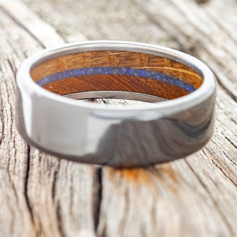 "ARGOS" - IRONWOOD, WHISKEY BARREL OAK & LAPIS LAZULI LINED WEDDING BAND - READY TO SHIP-6