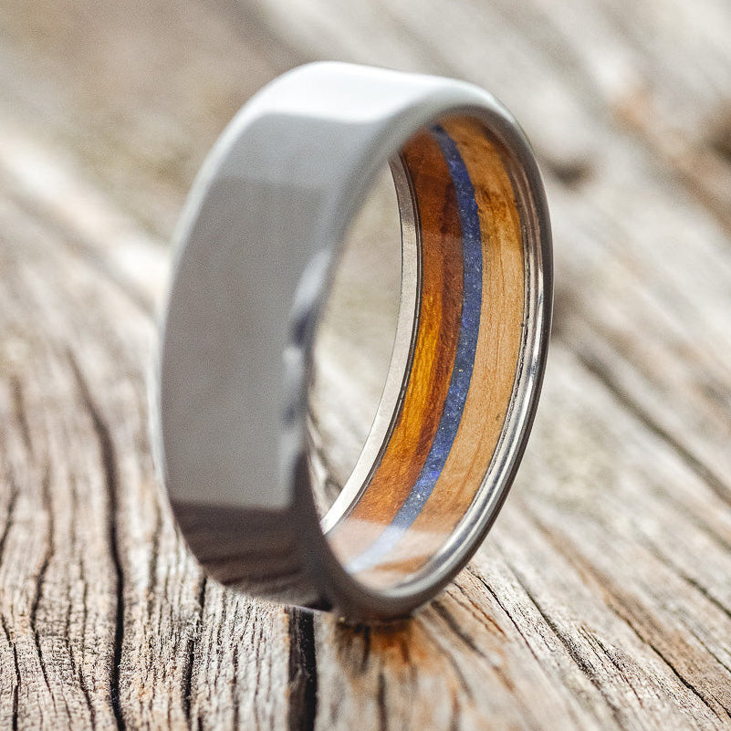 "ARGOS" - IRONWOOD, WHISKEY BARREL OAK & LAPIS LAZULI LINED WEDDING BAND - READY TO SHIP-2