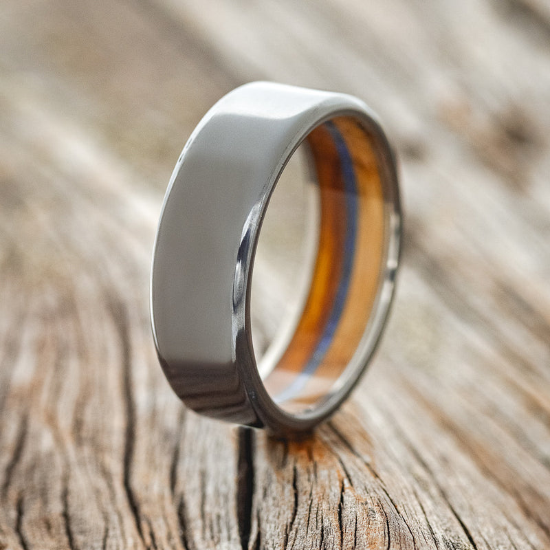 "ARGOS" - IRONWOOD, WHISKEY BARREL OAK & LAPIS LAZULI LINED WEDDING BAND - READY TO SHIP-1