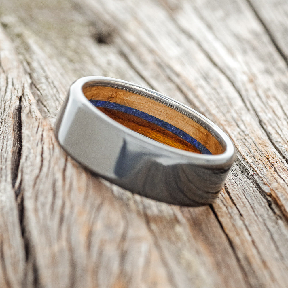 "ARGOS" - IRONWOOD, WHISKEY BARREL OAK & LAPIS LAZULI LINED WEDDING BAND-11