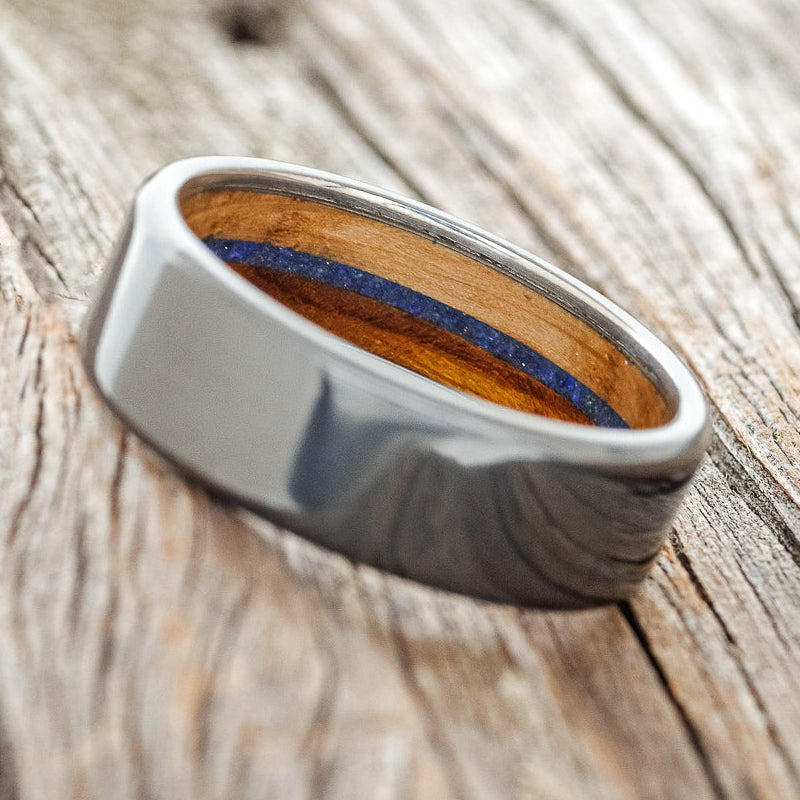 "ARGOS" - IRONWOOD, WHISKEY BARREL OAK & LAPIS LAZULI LINED WEDDING BAND - READY TO SHIP-4