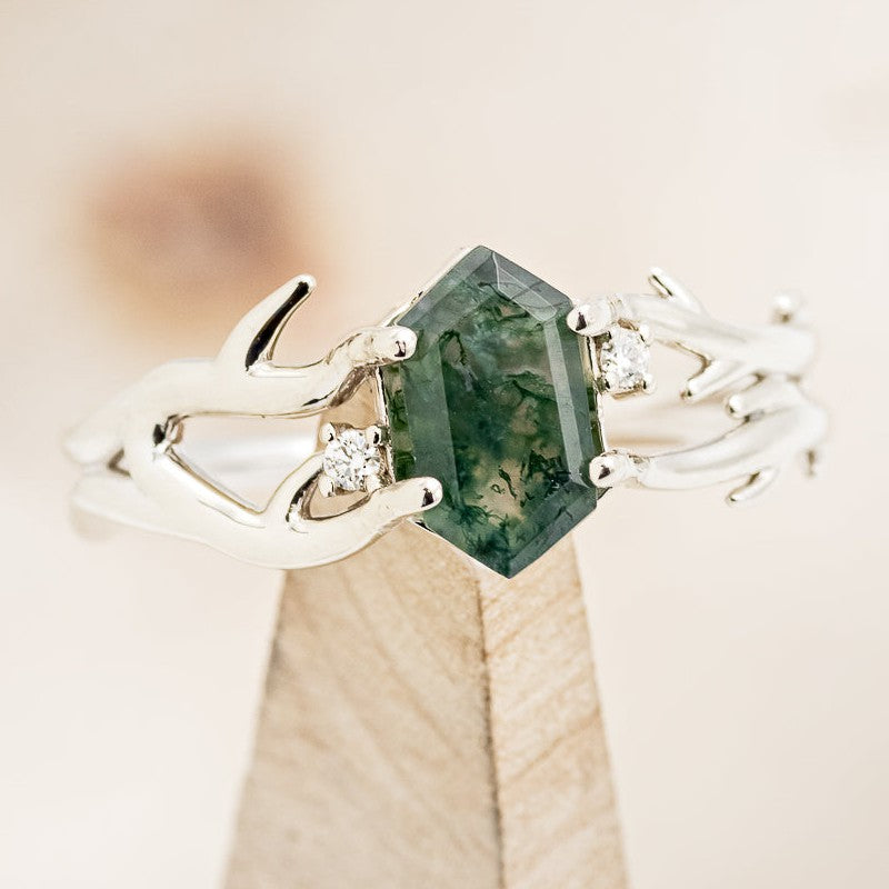 Shown here is The "Artemis" is a branch-style moss-agate women's engagement ring with delicate and ornate details and is available with many center stone options