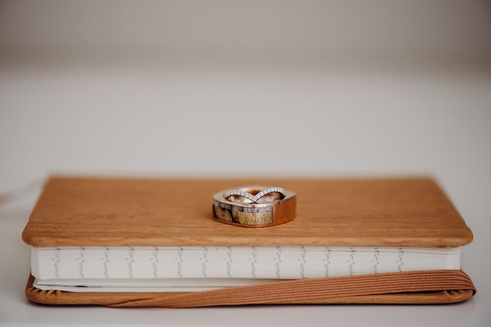 "MESA" - SPALTED MAPLE, ELK ANTLER & OFFSET DIAMONDS 14K GOLD WEDDING BAND-8