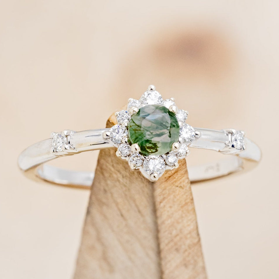 "STARLA" - ROUND CUT MOSS AGATE ENGAGEMENT RING WITH A STARBURST DIAMOND HALO-13