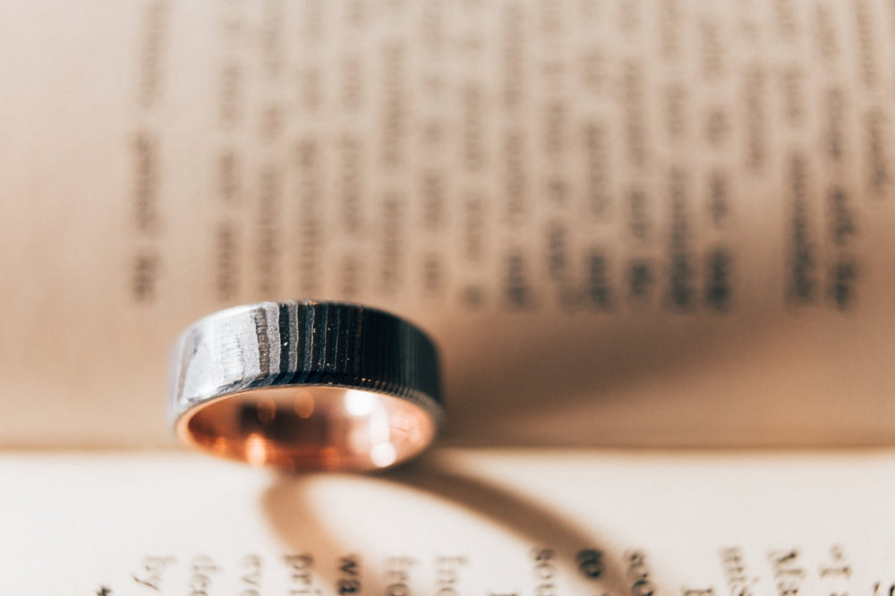 "VULCAN" - DAMASCUS STEEL WEDDING BAND WITH 14K GOLD LINING-14