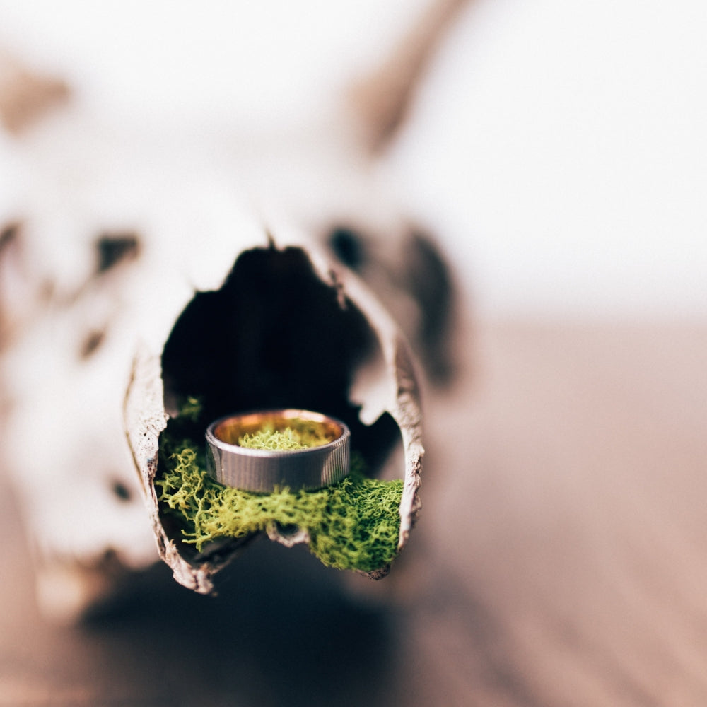 "VULCAN" - DAMASCUS STEEL WEDDING BAND WITH 14K GOLD LINING-15