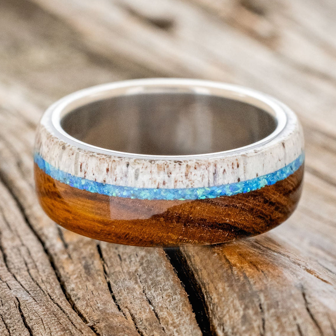 "ARGOS" - BLUE OPAL, IRONWOOD & ANTLER WEDDING BAND-3