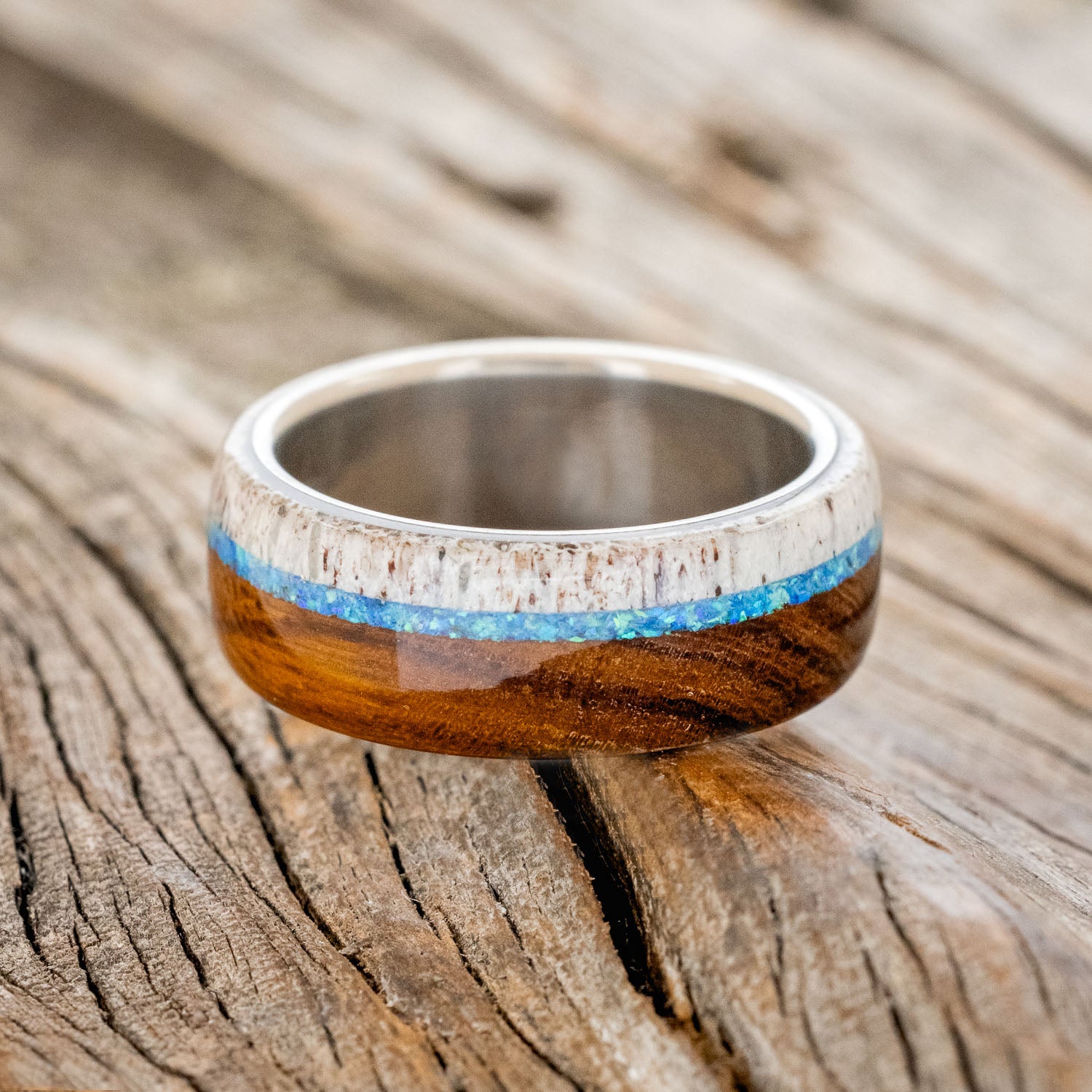 "ARGOS" - BLUE OPAL, IRONWOOD & ANTLER WEDDING BAND - READY TO SHIP-3