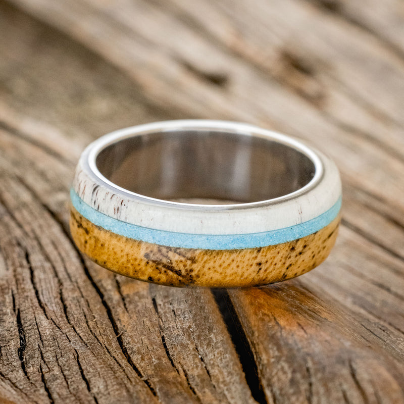 "ARGOS" - SPALTED MAPLE WOOD, ANTLER & TURQUOISE WEDDING BAND - TITANIUM - SIZE 8-2