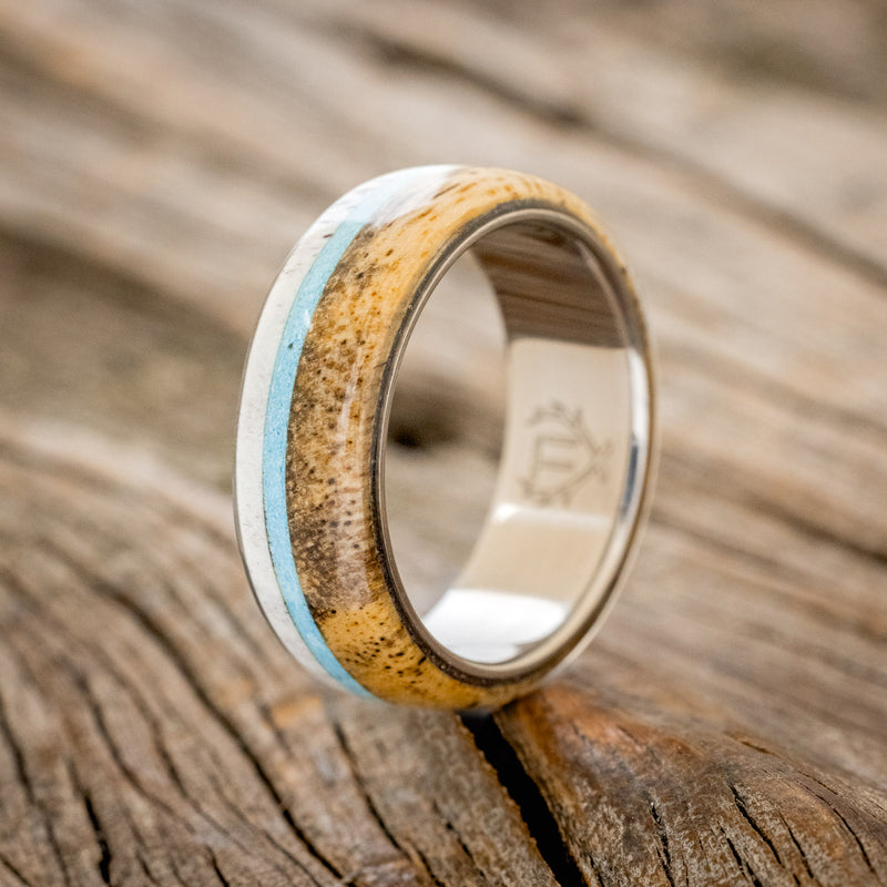 "ARGOS" - SPALTED MAPLE, TURQUOISE & ANTLER WEDDING BAND - READY TO SHIP-1