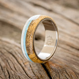 "ARGOS" - SPALTED MAPLE WOOD, ANTLER & TURQUOISE WEDDING BAND - TITANIUM - SIZE 8-1