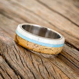 "ARGOS" - SPALTED MAPLE WOOD, ANTLER & TURQUOISE WEDDING BAND - TITANIUM - SIZE 8-3