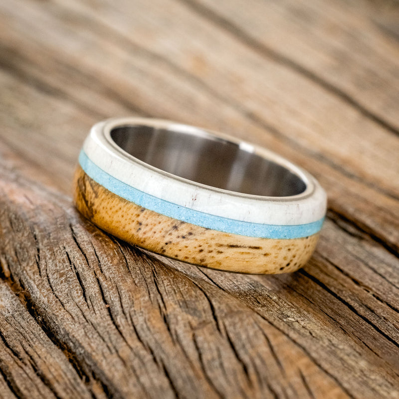 "ARGOS" - SPALTED MAPLE, TURQUOISE & ANTLER WEDDING BAND - READY TO SHIP-2