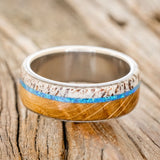 "ARGOS" - WHISKEY BARREL OAK, BLUE OPAL & ANTLER WEDDING BAND-5