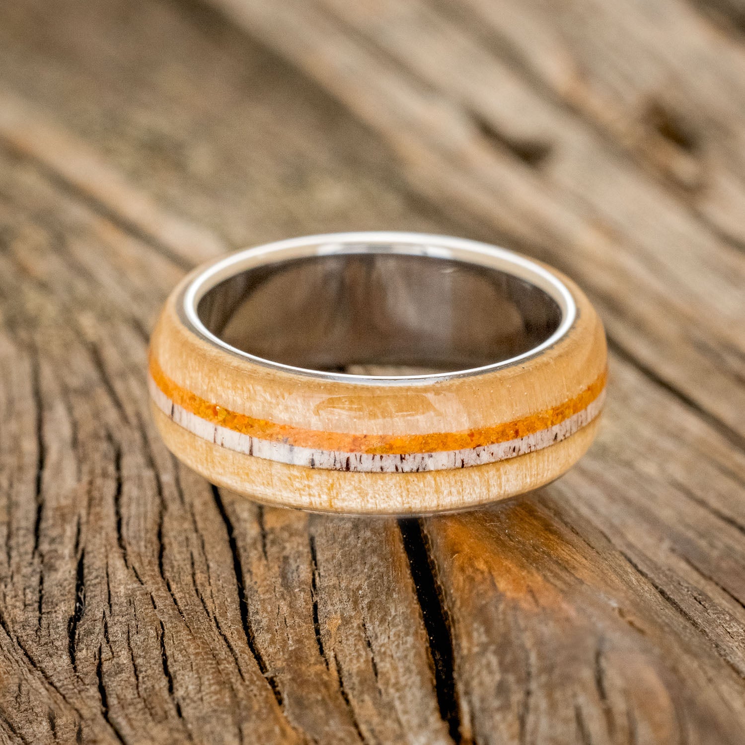 "CANYON" - ASPEN WOOD, ANTLER & ORANGE OPAL WEDDING RING-3