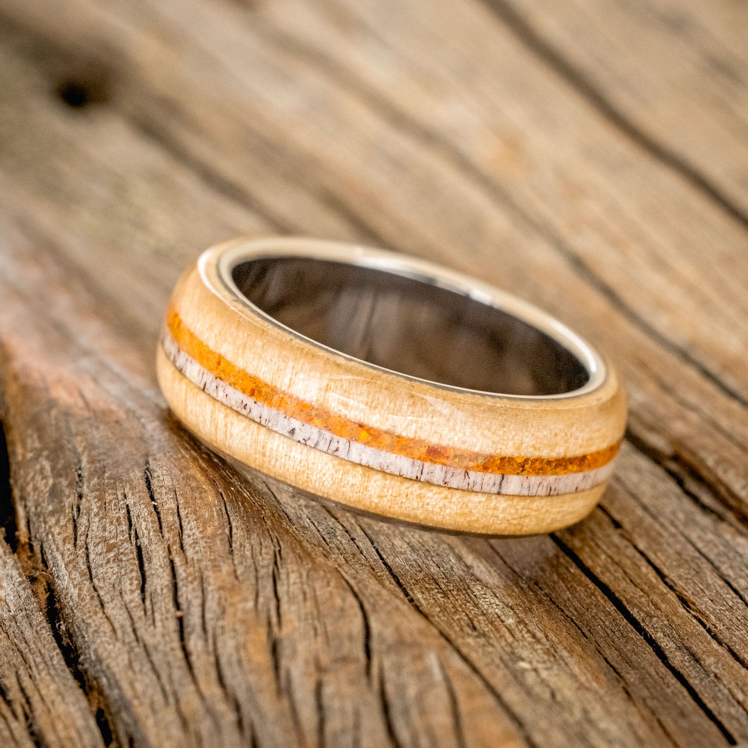 "CANYON" - ASPEN WOOD, ANTLER & ORANGE OPAL WEDDING RING-2