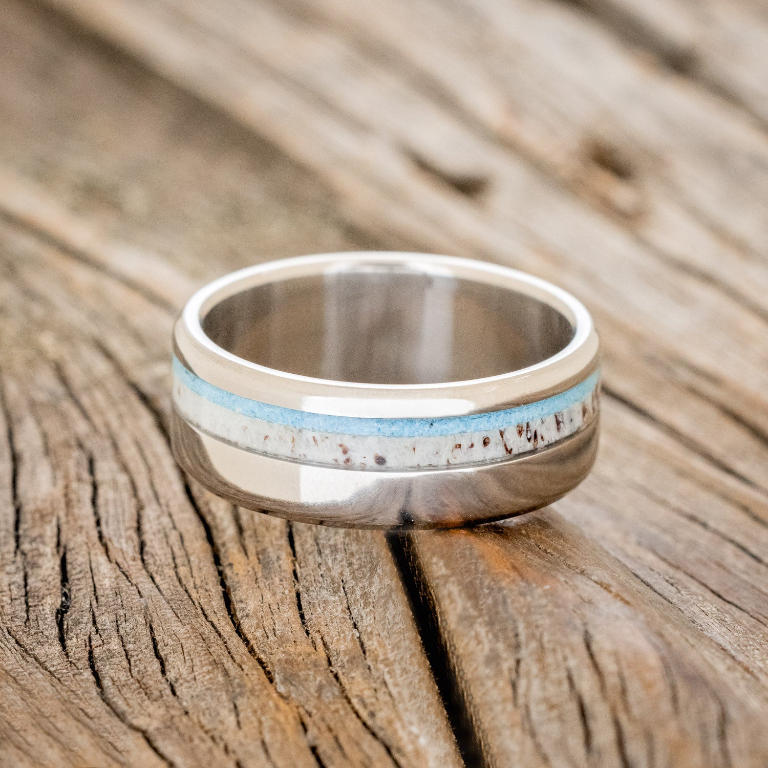 "CASTOR" - MATCHING SET OF ANTLER & TURQUOISE WEDDING BANDS-7