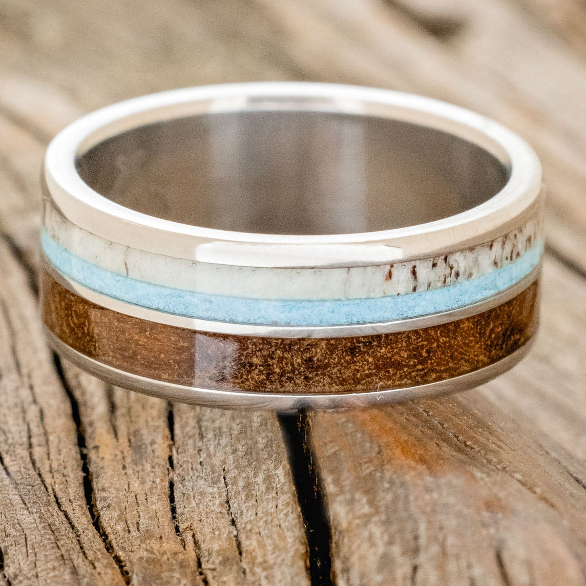 "DYAD" - IRONWOOD, ANTLER & TURQUOISE WEDDING BAND-3