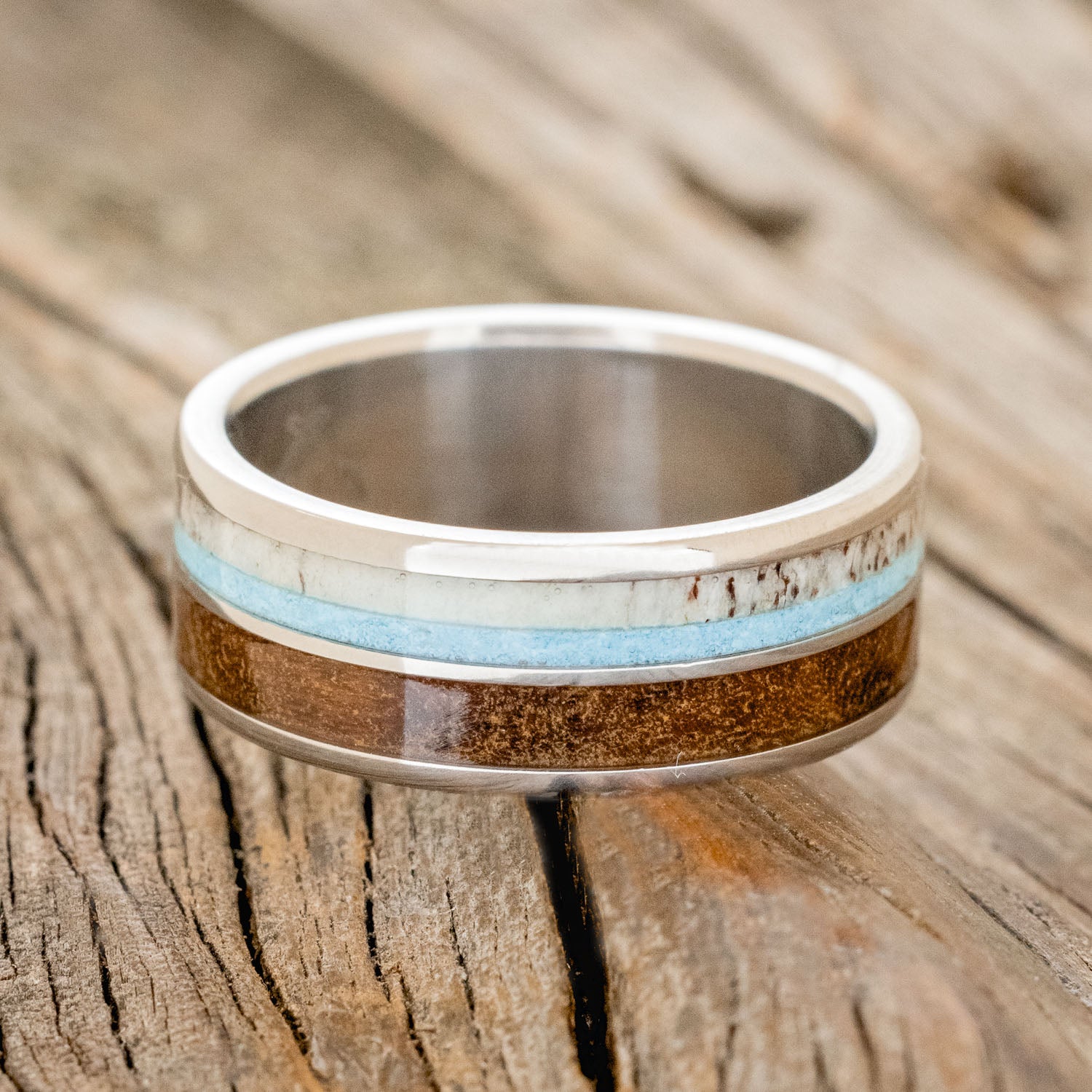 "DYAD" - IRONWOOD, ANTLER & TURQUOISE WEDDING BAND-3