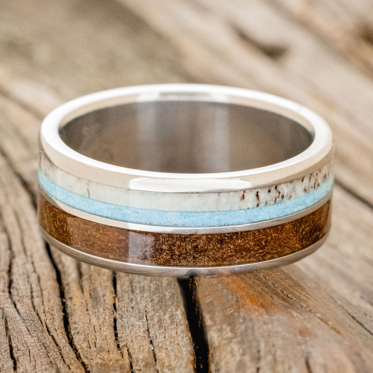 "DYAD" - IRONWOOD, ANTLER & TURQUOISE WEDDING BAND - READY TO SHIP-3