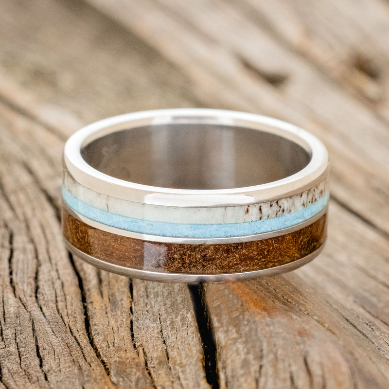 "DYAD" - IRONWOOD, ANTLER & TURQUOISE WEDDING BAND - READY TO SHIP-3