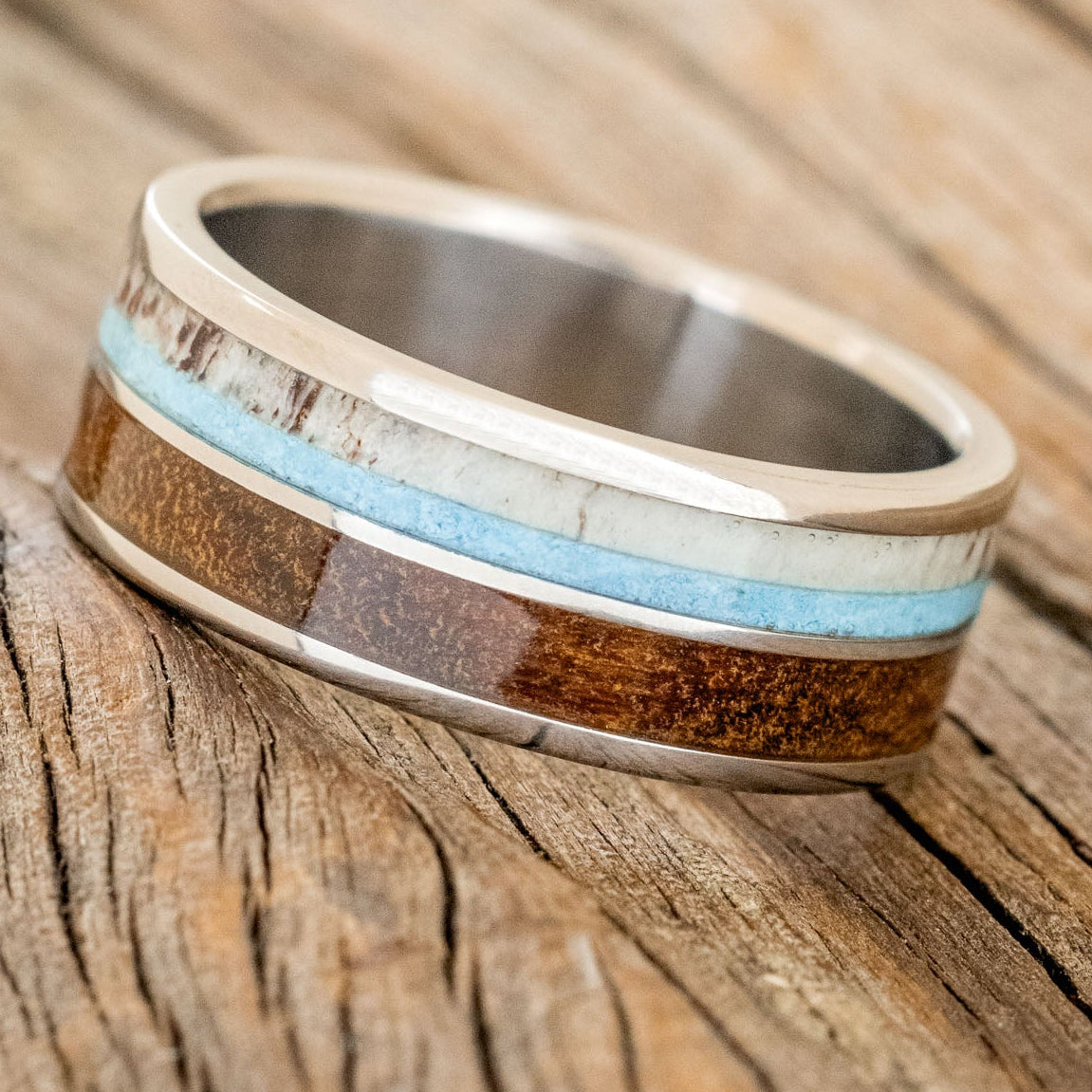 "DYAD" - IRONWOOD, ANTLER & TURQUOISE WEDDING BAND-2