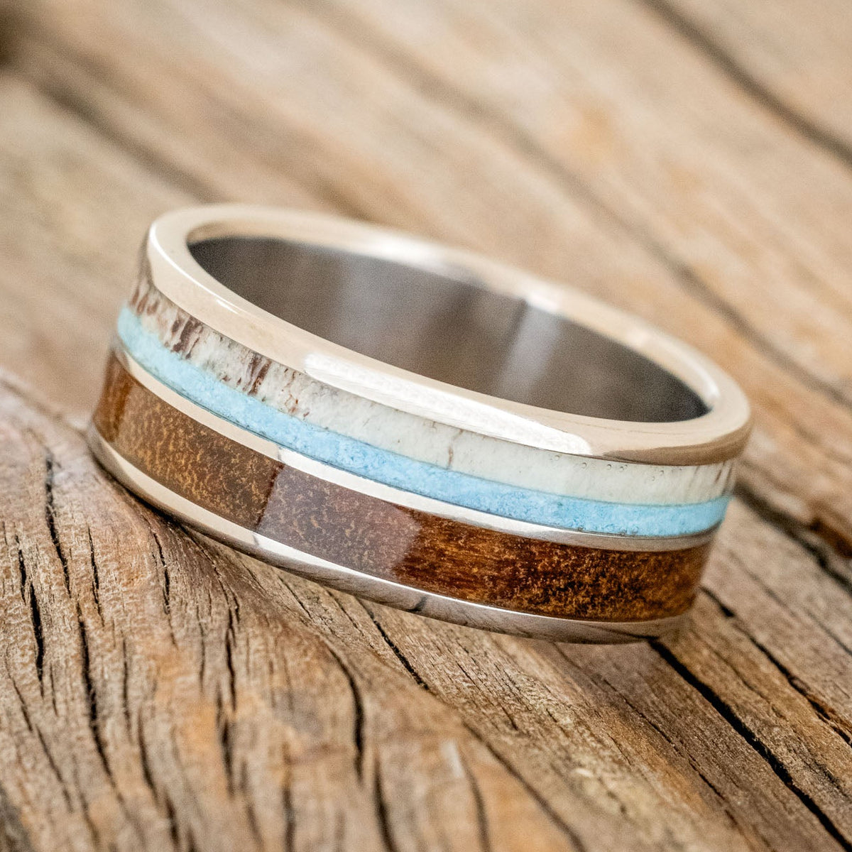 "DYAD" - IRONWOOD, ANTLER & TURQUOISE WEDDING BAND - READY TO SHIP-2