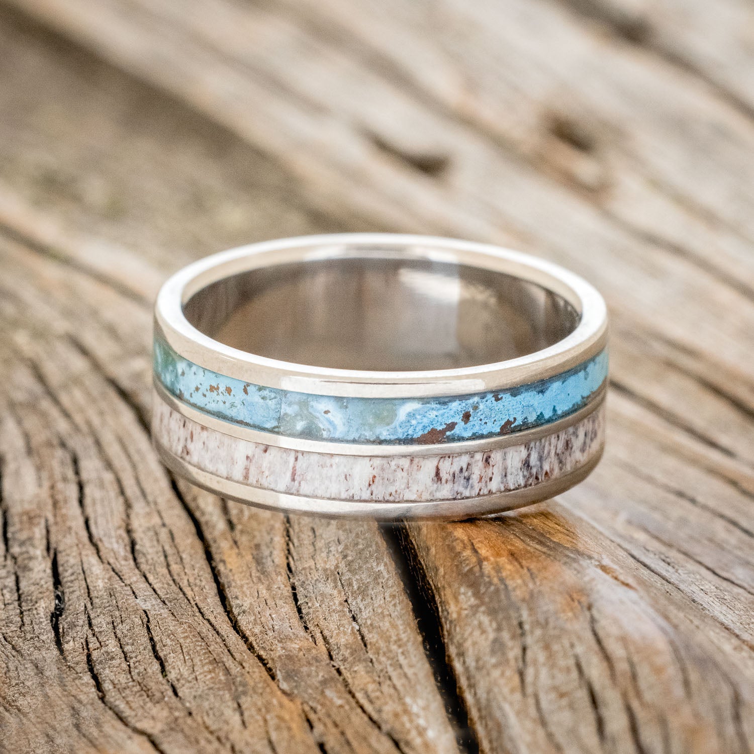 "DYAD" - PATINA COPPER & ANTLER WEDDING BAND-6