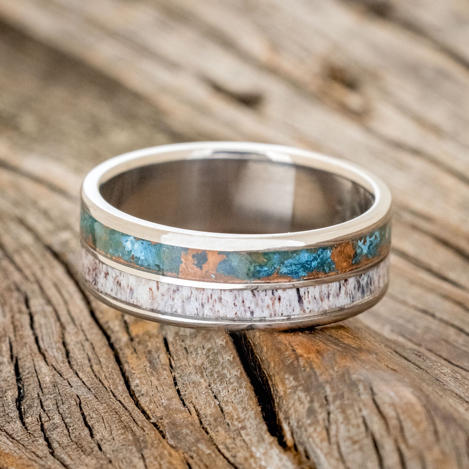 "DYAD" - PATINA COPPER & ANTLER WEDDING BAND-3