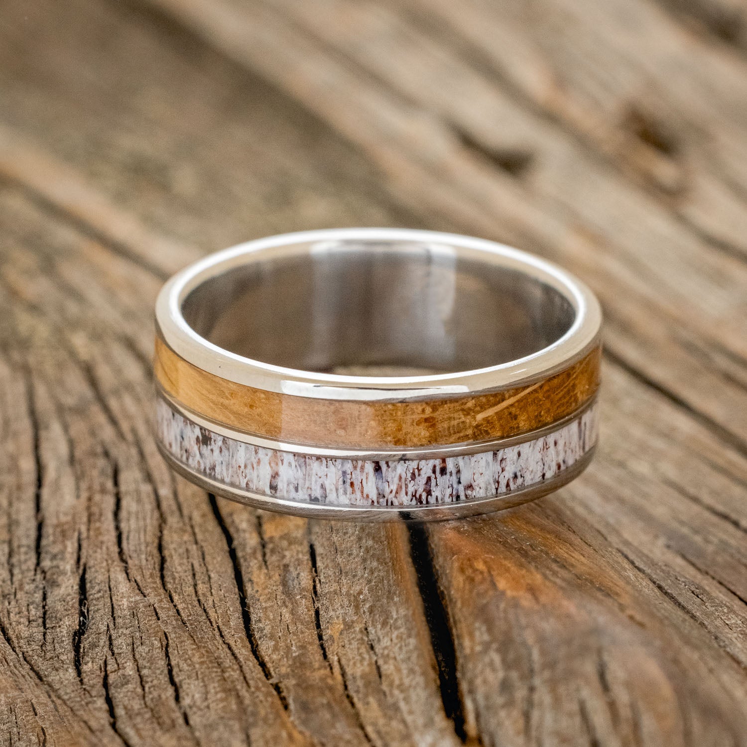 "DYAD" - WHISKEY BARREL OAK & ANTLER WEDDING BAND-3