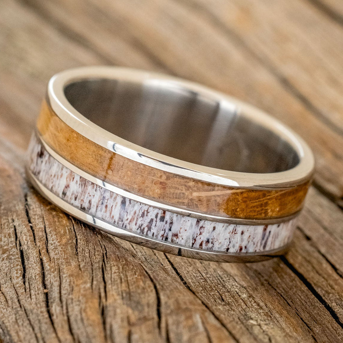 "DYAD" - WHISKEY BARREL OAK & ANTLER WEDDING BAND-2