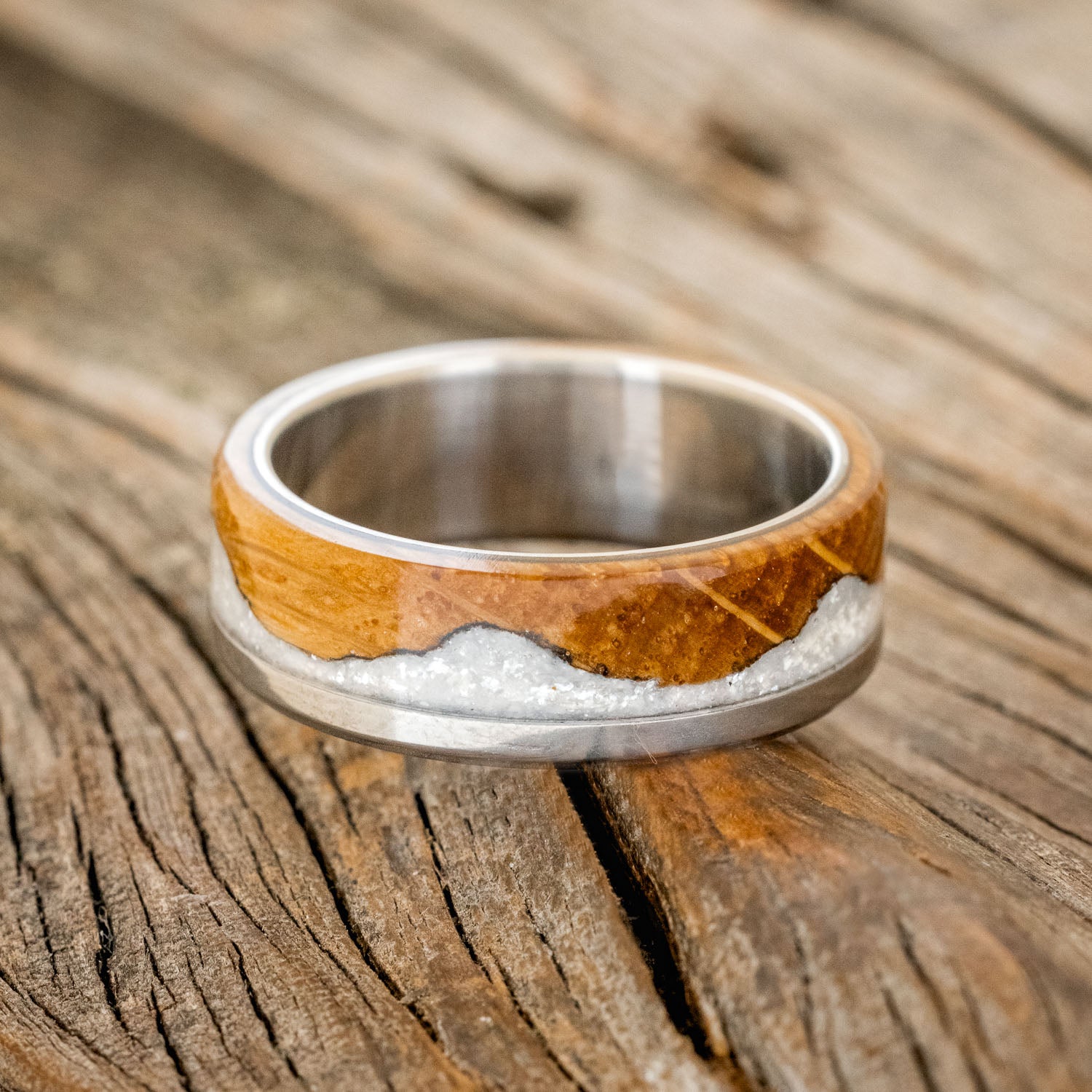 "EZRA" - WHISKEY BARREL OAK WITH DIAMOND DUST WEDDING RING-3