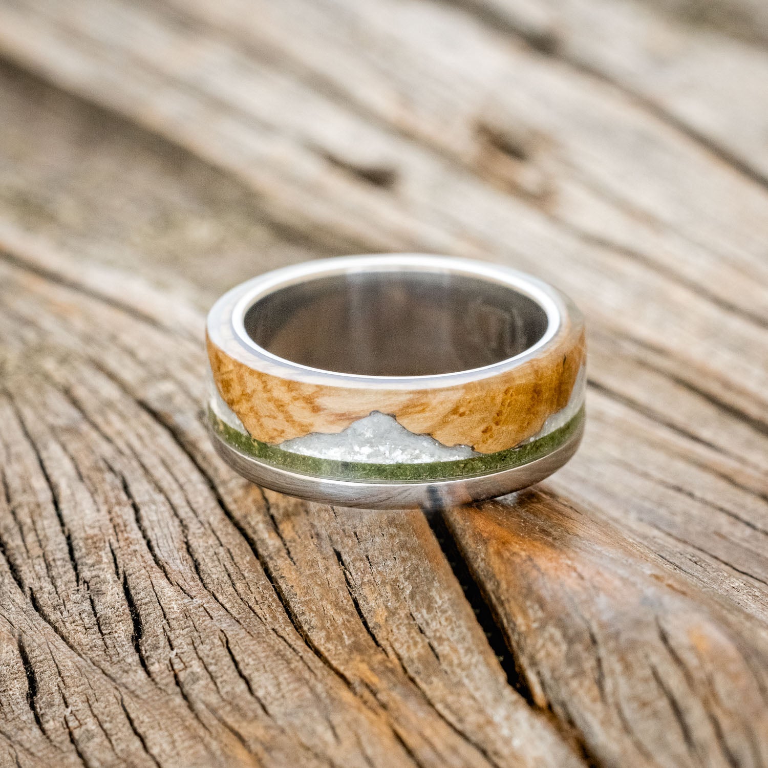 "EZRA" - WHISKEY BARREL OAK WITH DIAMOND DUST & MOSS INLAY WEDDING RING-3