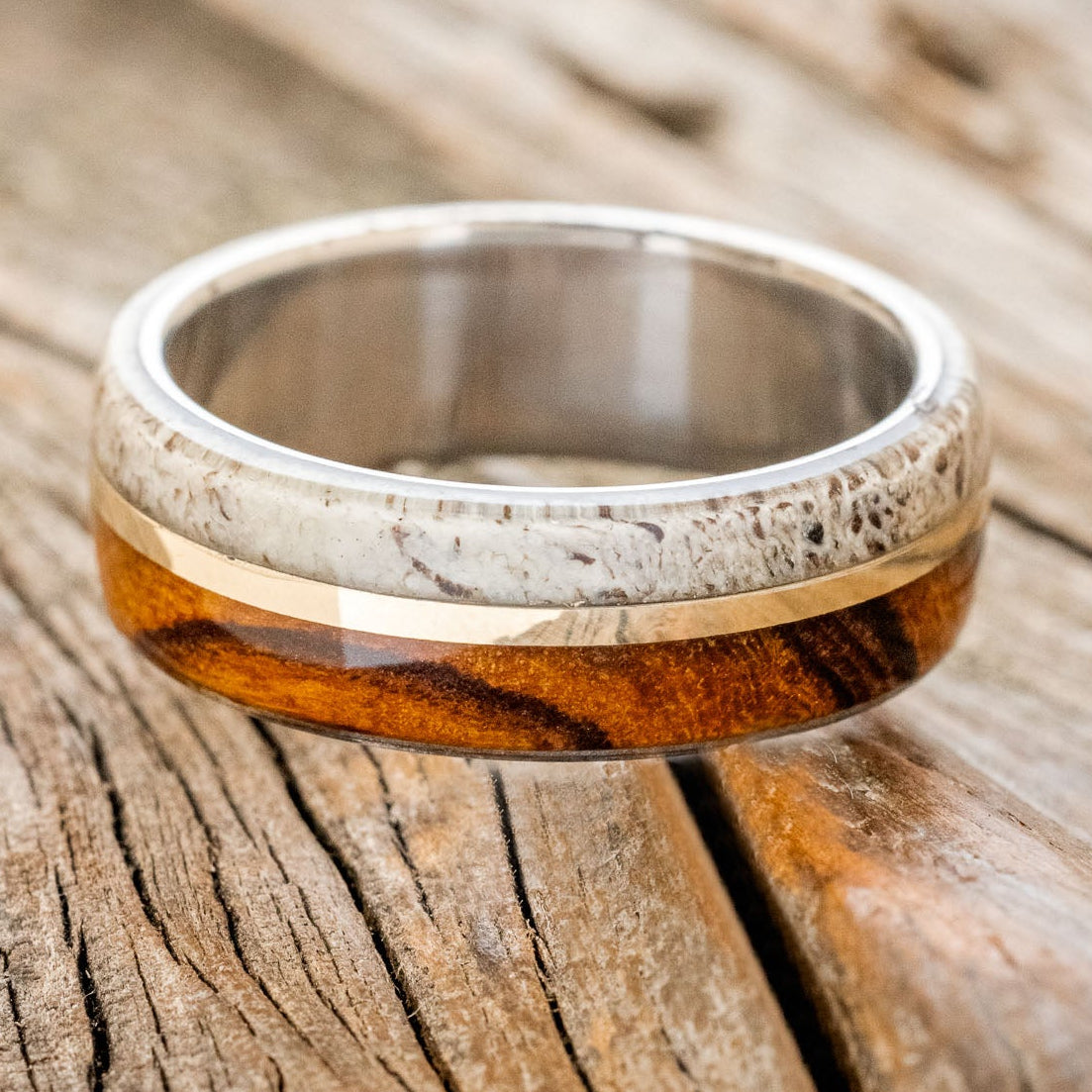 "GOLDEN" - IRONWOOD, ANTLER & 14K GOLD INLAY WEDDING BAND-5