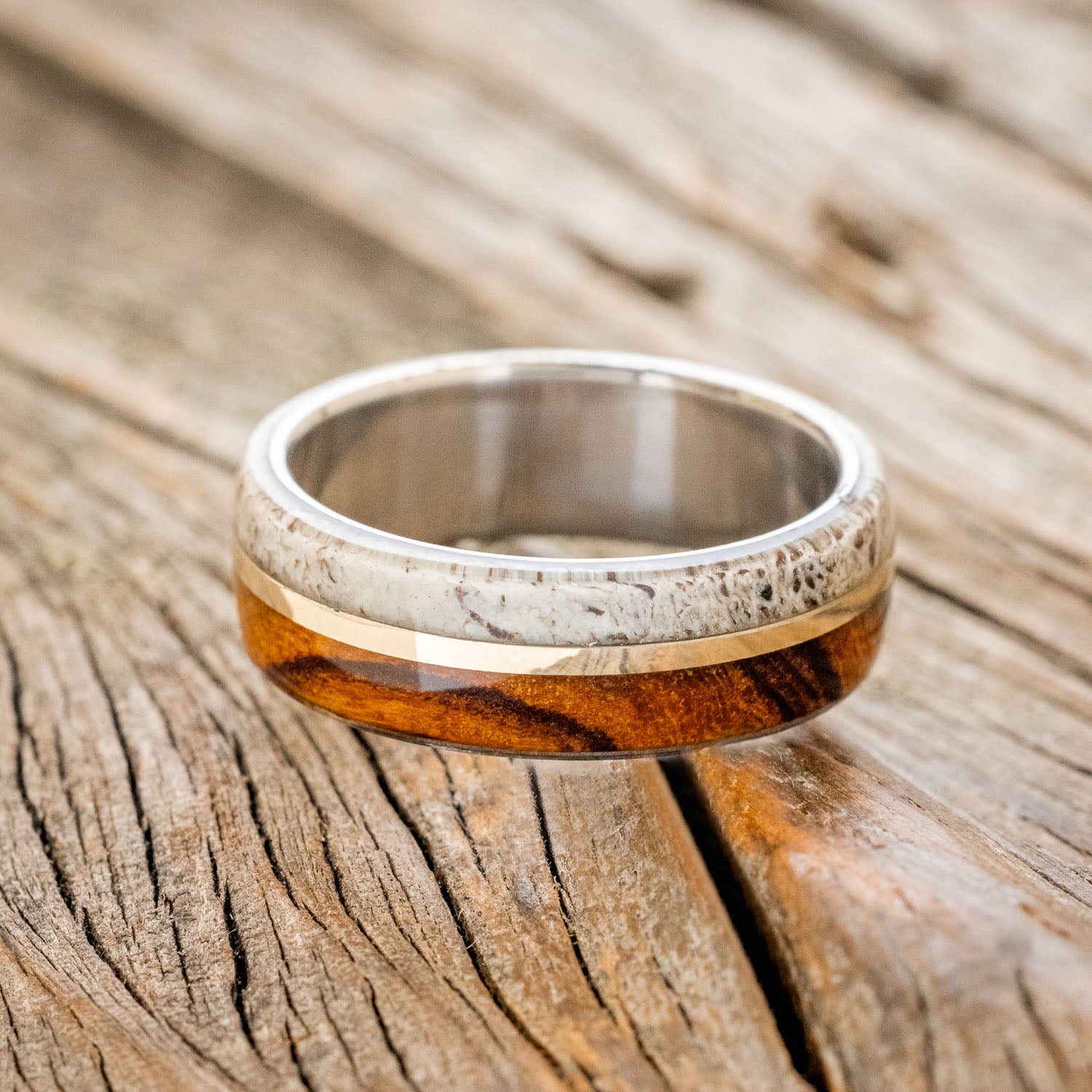 "GOLDEN" - IRONWOOD, ANTLER & 14K GOLD INLAY WEDDING BAND-5