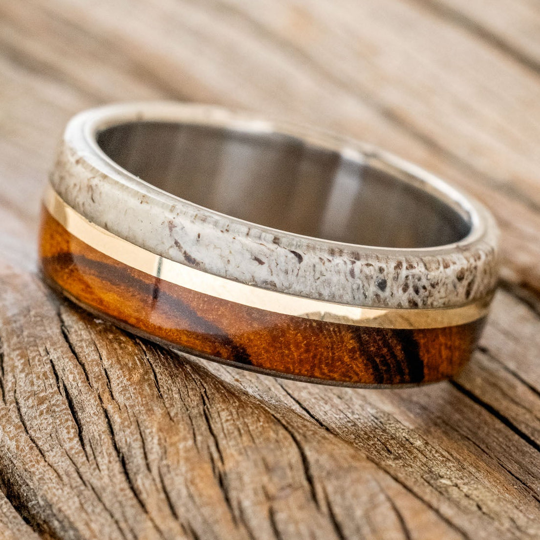 "GOLDEN" - IRONWOOD, ANTLER & 14K GOLD INLAY WEDDING BAND-2