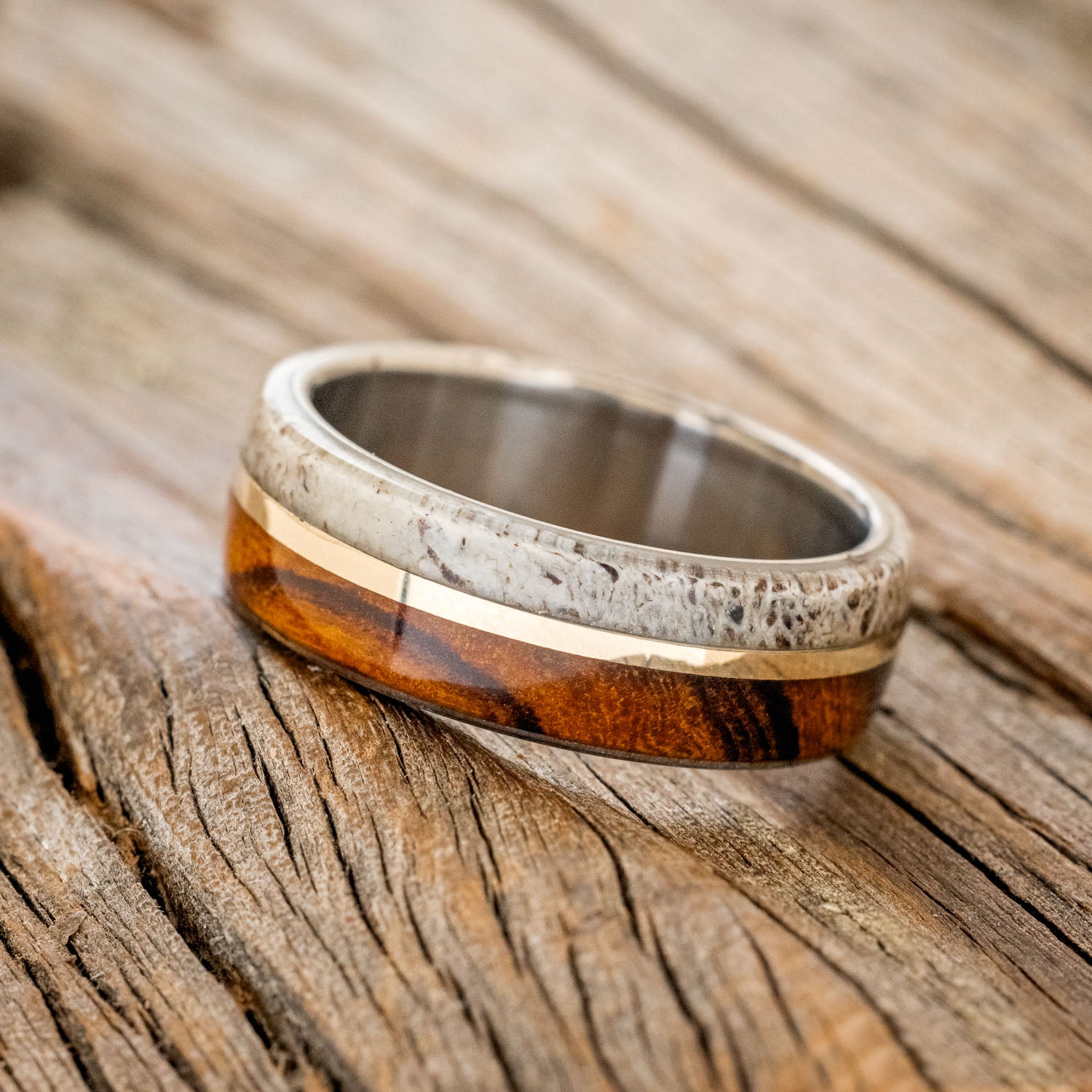 "GOLDEN" - IRONWOOD, ANTLER & 14K GOLD INLAY WEDDING BAND-2
