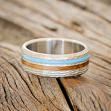 "COSMO" - WHISKEY BARREL OAK & TURQUOISE WEDDING RING FEATURING A HAMMERED BAND