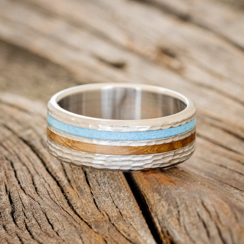 "COSMO" - WHISKEY BARREL OAK & TURQUOISE WEDDING RING FEATURING A HAMMERED BAND-3