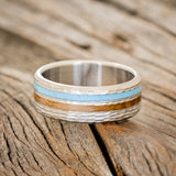 "COSMO" - WHISKEY BARREL OAK & TURQUOISE WEDDING BAND WITH A HAMMERED FINISH - READY TO SHIP-3